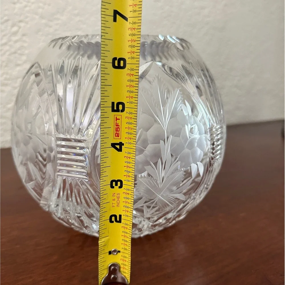 Crystal Frosted Floral Etched Cut Glass Clear Rose Bowl Vase Vintage Cottagecore